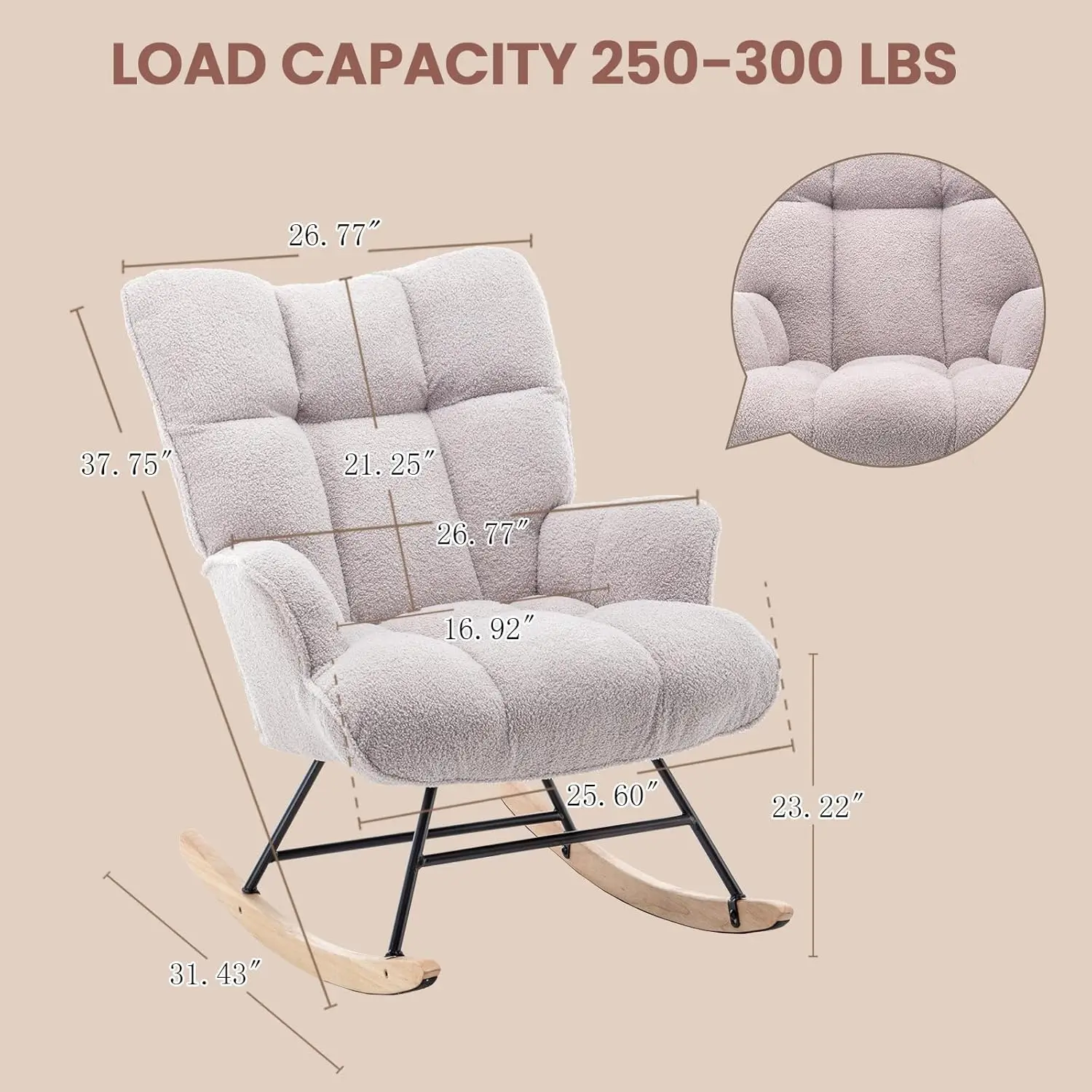 Teddy Upholstered Glider Rocking Chair Padded High Backrest Armchair for Nursery Living Room Bedroom Office, Grey, Customized