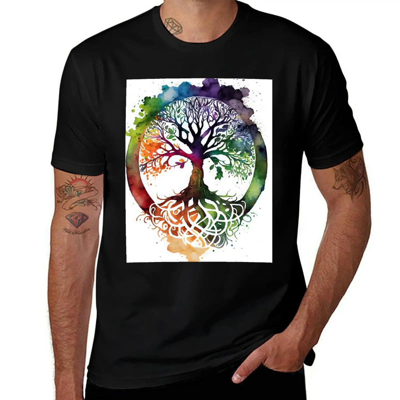 Rainbow Colored Celtic Tree of Life Watercolor Pagan Wiccan T-Shirt Soft Cotton Print T-Shirt