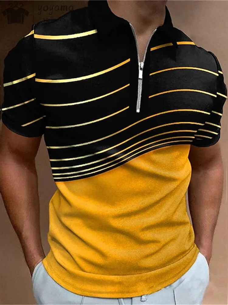 New Men's Shirts Casual Short Sleeve Lapel Shirts for Men Business Polo Shirt 3D Print Stripe Polo Shirt Button Pullover Tops