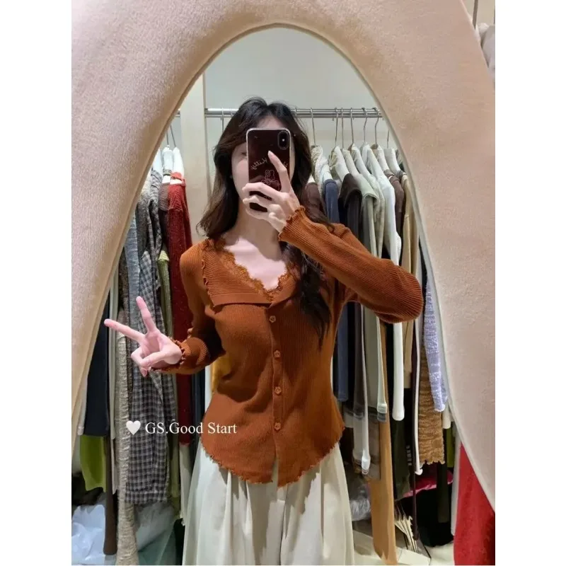 Early Autumn New Knitted Sweater Cardigan Fungus Lapel Women's Lace Splicing