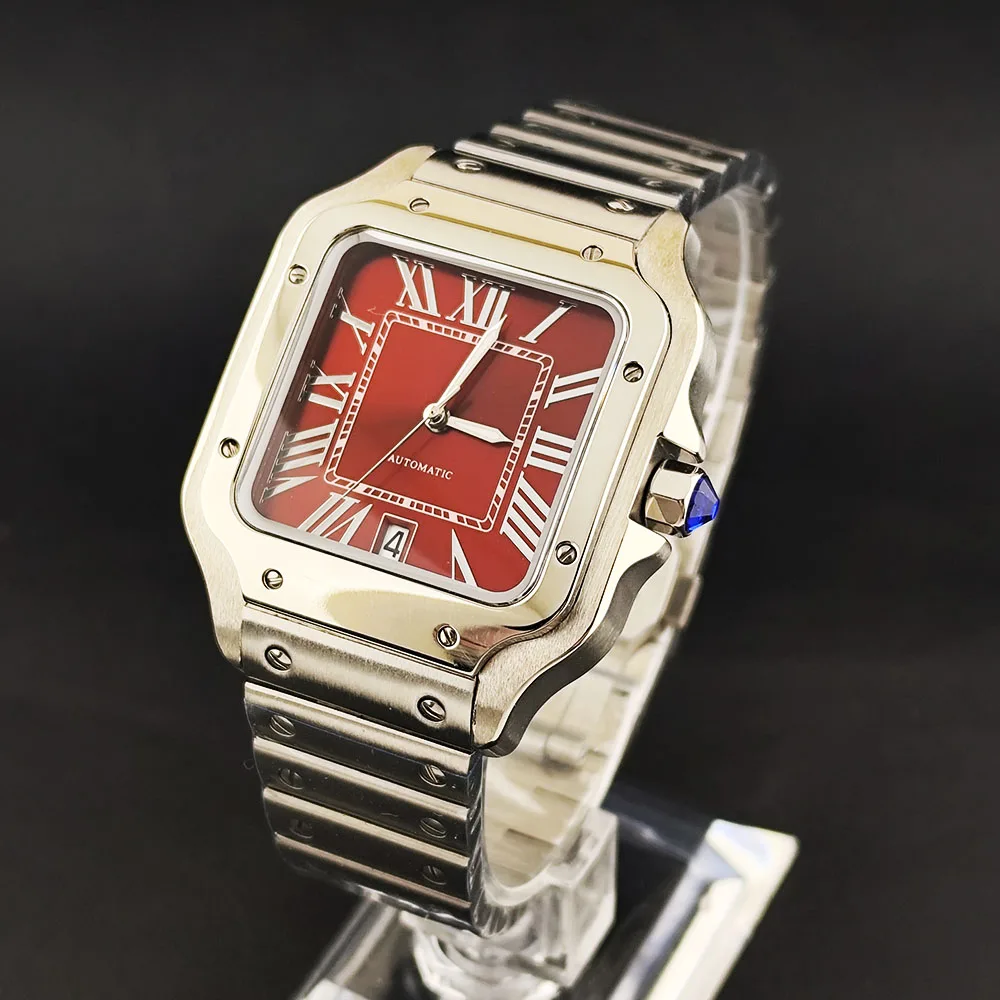 NEW NH35 Watch Wine Red Square Watch Men's High Quality Stainless Steel Watch Custom Logo NH35 Movement Watch Accessories