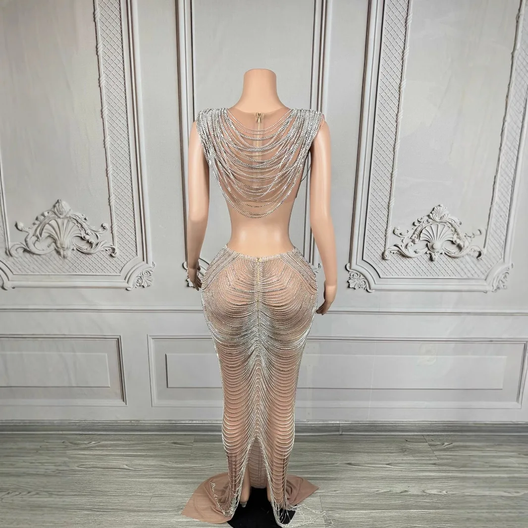 Robe de soirée de Banquet haut de gamme avec chaîne en argent de luxe, pour réunion annuelle, chanteur haut de gamme, vêtements de chant à la mode, robes moulantes