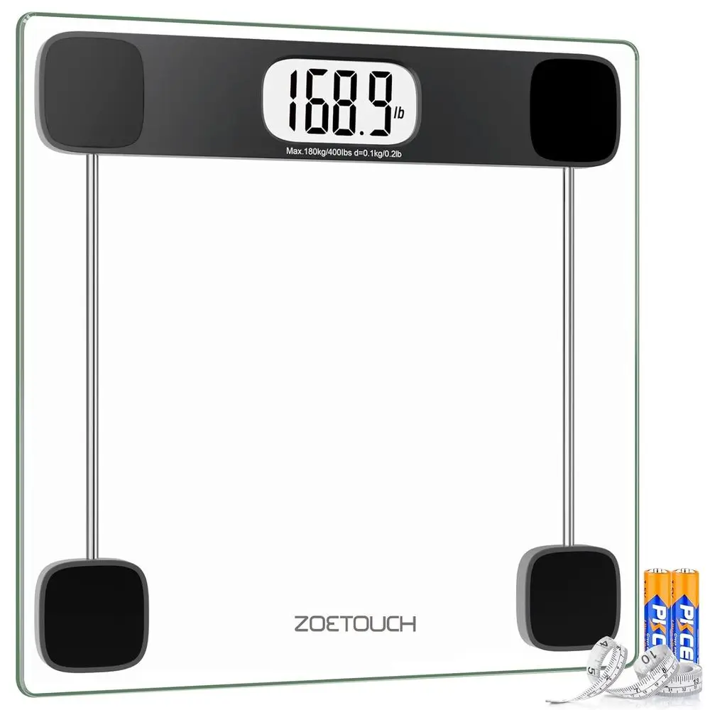 

High-Capacity Digital Bathroom Scale with LCD, Tempered Glass, Step-On Feature, and Measuring Tape