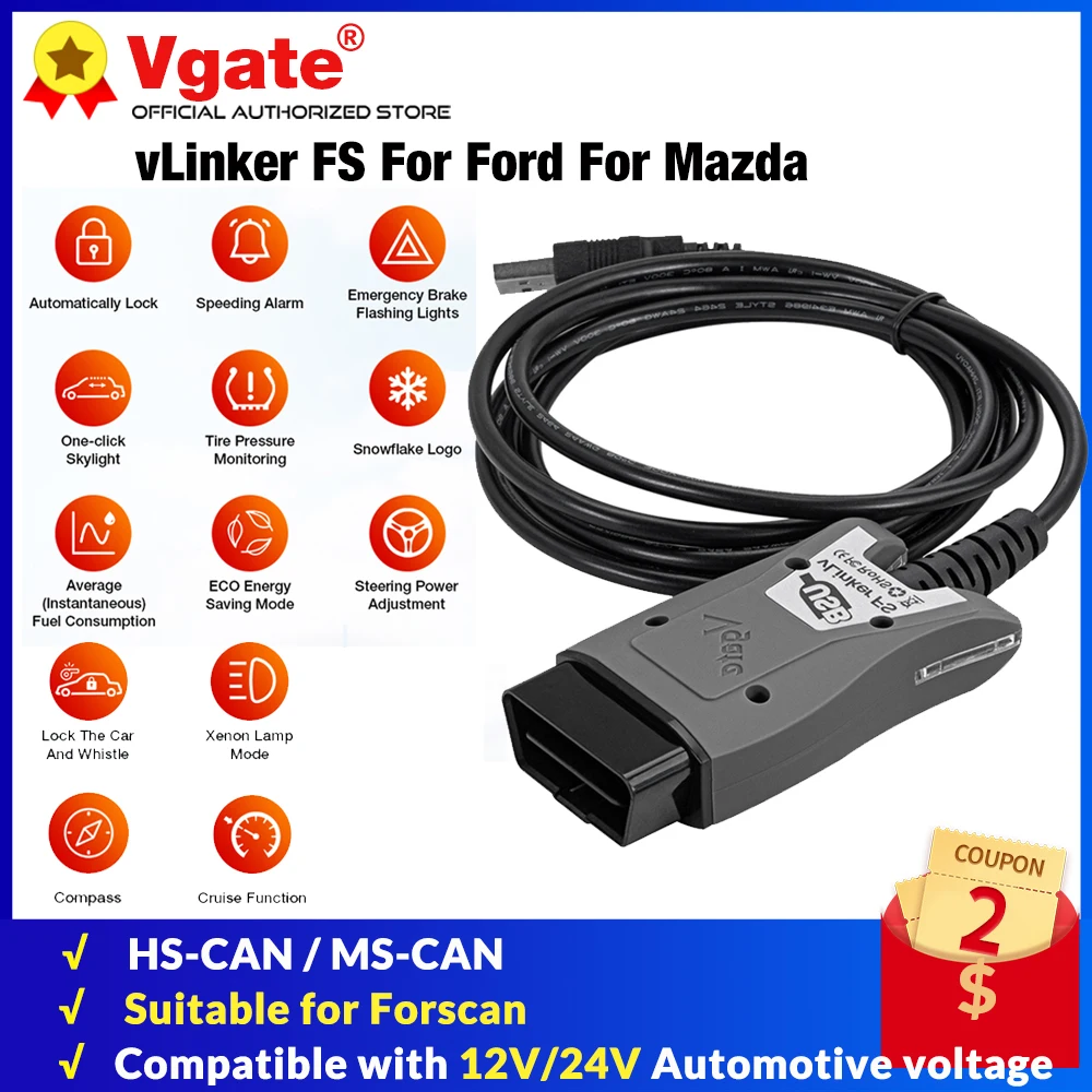 Vgate vLinker FS ELM327 USB For Ford FORScan MS CAN/HS CAN Switch OBD2 Car auto Diagnostic Scanner For Mazda OBDII Adapter Tool