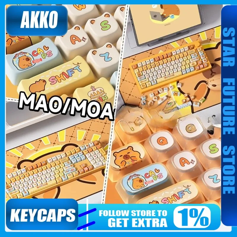 

Колпачки для клавиш AKKO, полупрозрачные милые колпачки для клавиш с изображением капибары, мультяшные животные из ПБТ, механическая клавиатура, полный набор, подарок для термосублимации