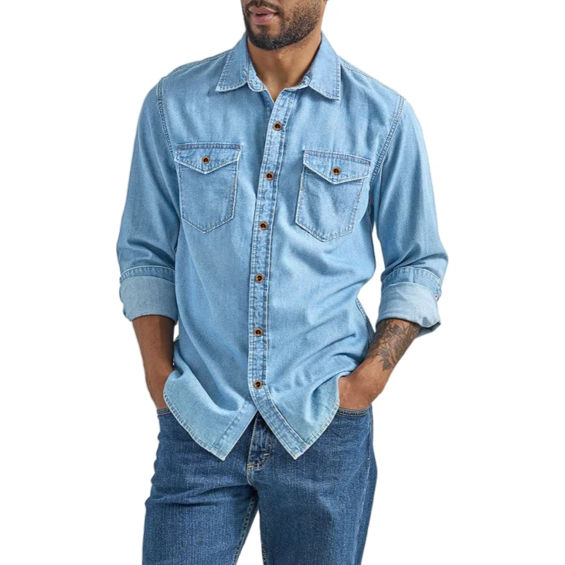 Men's Casual Denim Shirt Long Sleeve Button Down Vintage Light Blue Washed Cowboy Shirt Slim Fit Outdoor Workwear Top