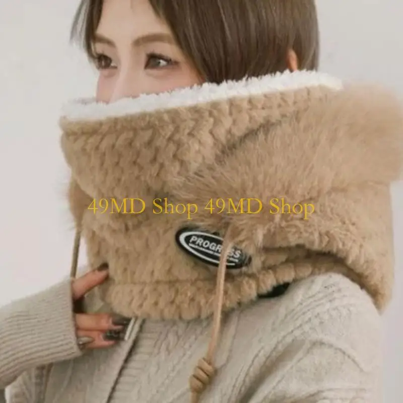49MD Thermal Fleece Lined Pullover Hat with Face Cover Women Windproof Balaclava Hat