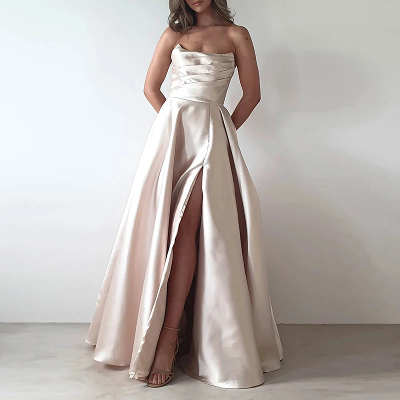 

Off Shoulder Draped Cocktail Satin Dress Women's Fashion Waist Solid Long Dress Elegant Sleeveless Split Pocket Suspenders Dress