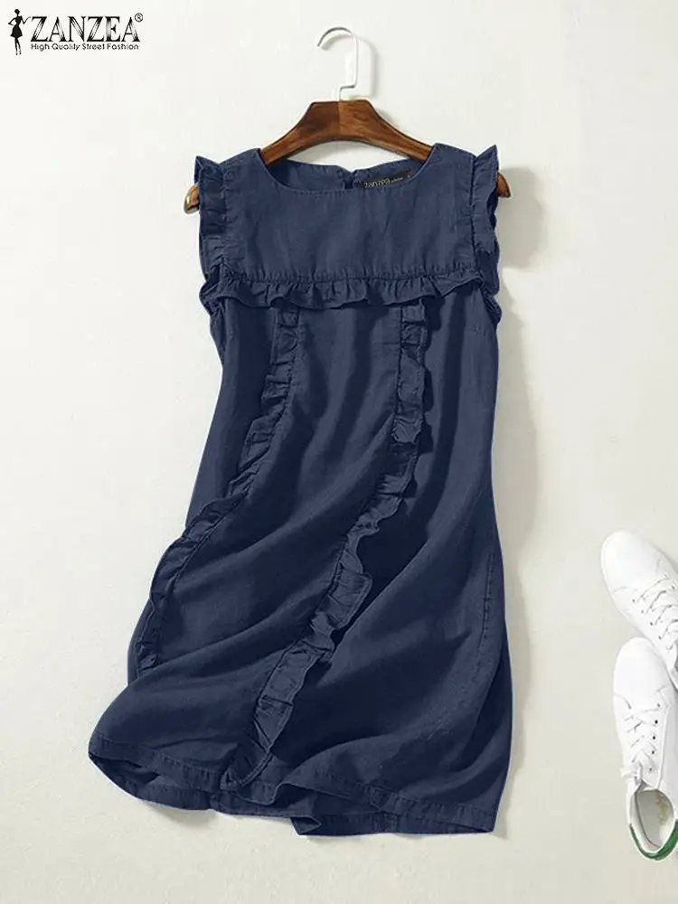 ZANZEA Women Denim Mini Dress 2024 Summer Sleeveless Ruffles Sundress Fashion Square Neck Casual Stitching Tank Dresses Vestidos