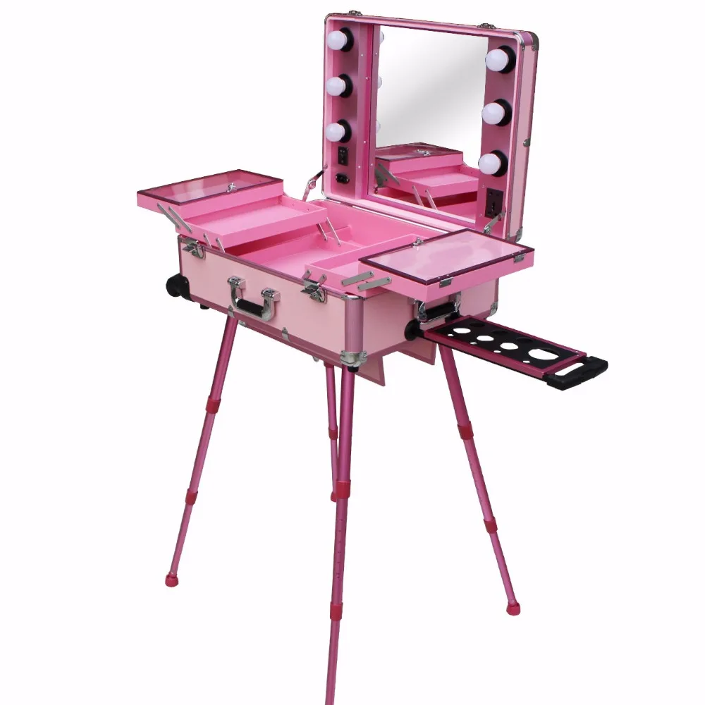 Large Pink Rolling Studio Makeup Artist Train Case with Light Cosmetic Case