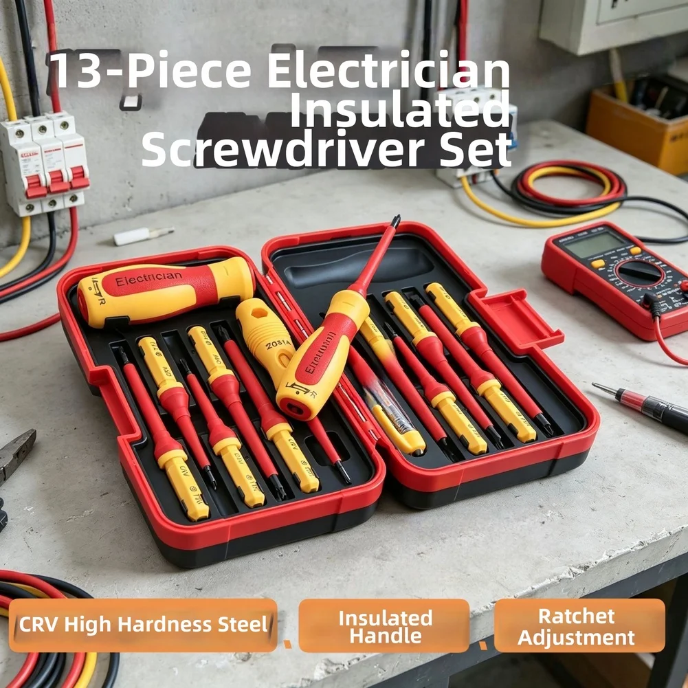 13pcs Insulated Ratchet Screwdriver Set Magnetic Tips High-voltage Insulation For Household Electronic Repairs