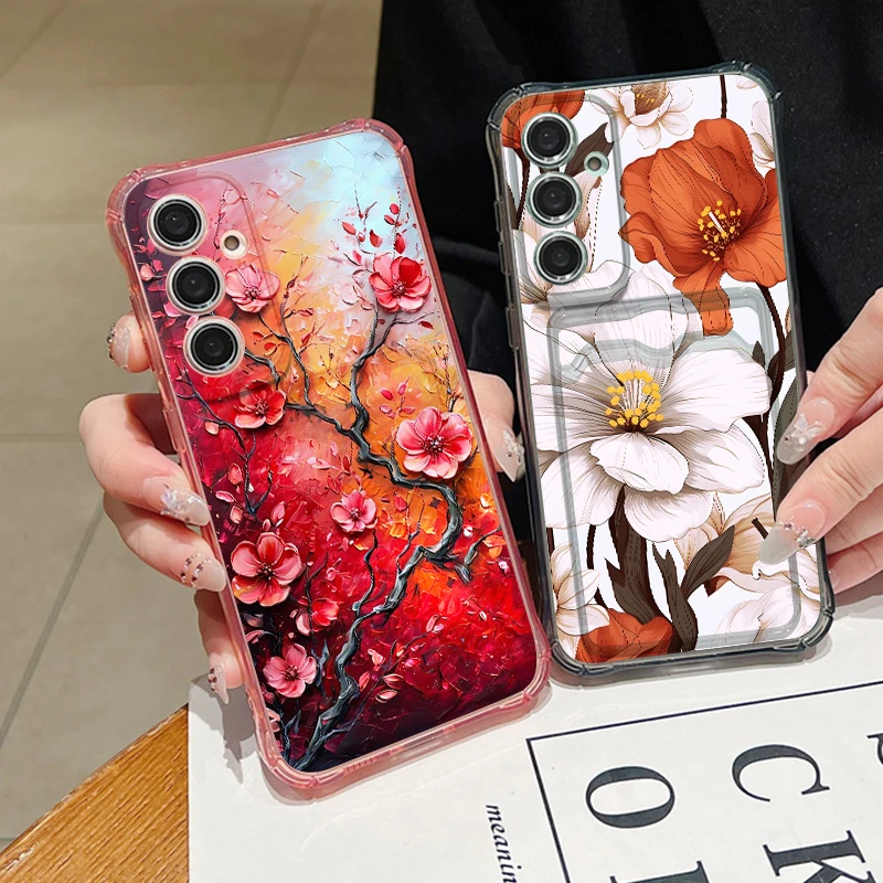 Red Floral Print Card Pocket TPU Case For Samsung Galaxy S26 S25 Ultra S23 S24 FE A57 A17 A56 A55 A25 A16 A36 A15 A37 Soft Cover