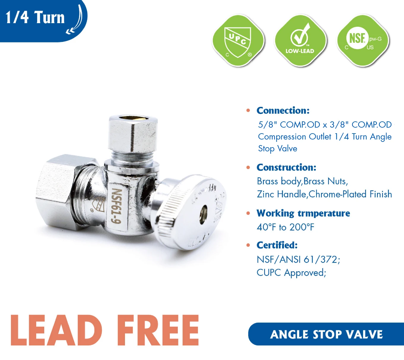 KING SMART  5/8" Comp. OD * 3/8" Comp. OD 1/4 Turn Angle Compression Stop Valve; 8Pcs/Case; 80403