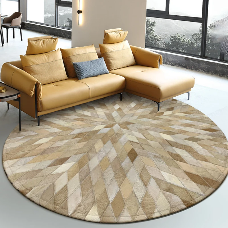 

Luxury Handmade Cowhide Mosaic Round Carpet Living Room Tea Table Study Bedroom Bedside Blanket Computer Chair Floor Mat