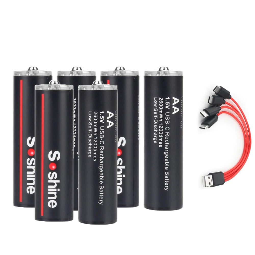 Soshine 1.5v AA Oplaadbare Batterij USB Li-ion 2600mWh 2A Batterijen 1.5 Volt Lithium Batterij met 4-in-1 USB Kabel Dropshipper