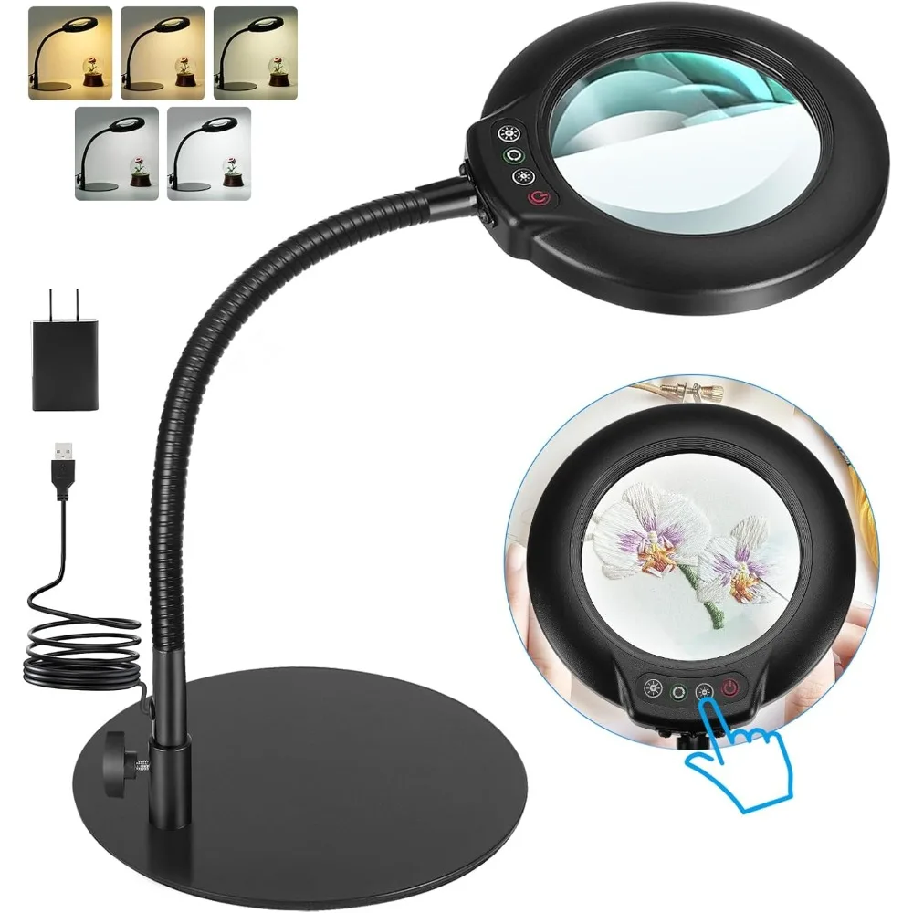 

10X Magnifying Glass with Light, Flexible Gooseneck Lighted Magnifier with Stand, 5 Color Modes Stepless Dimmable LED Desk Lamp