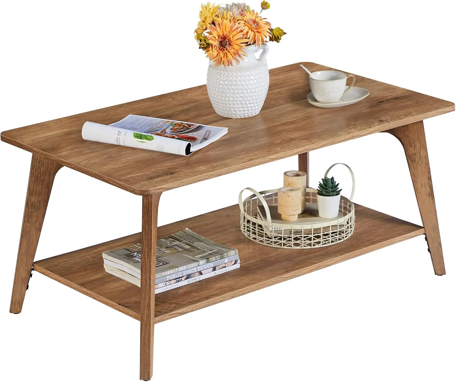 

2-Tier Coffee Table with Storage, Tapered Legs, Curved Design, Easy Assembly for Living Room, Honey Brown