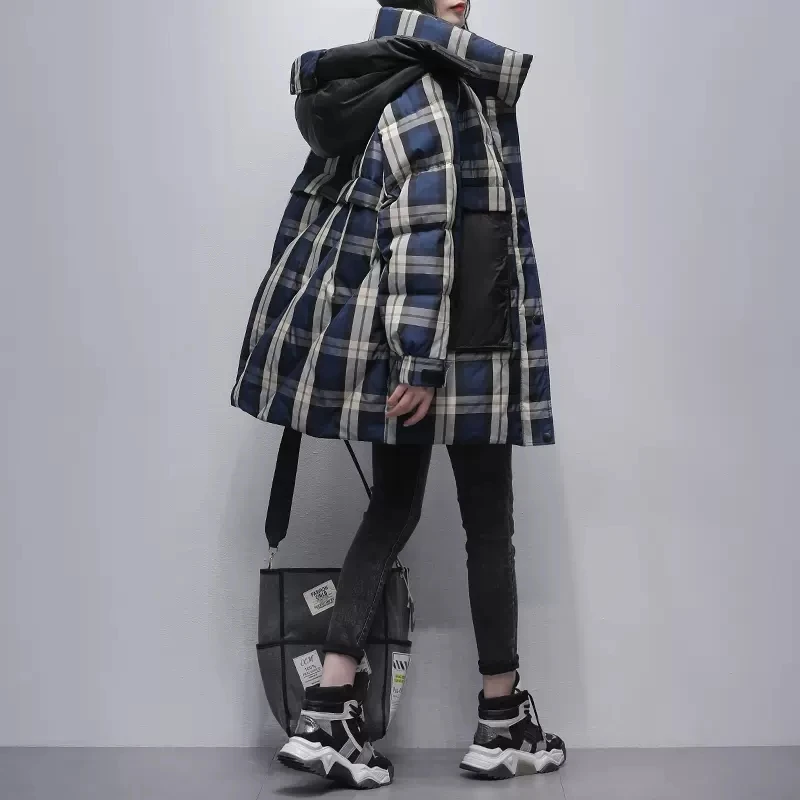 Plaid Splicing Down Jacket Women 2024 Winter New Korea Hooded Wide white duck Down Thicken Coat Warm Parkas Overcoat Female