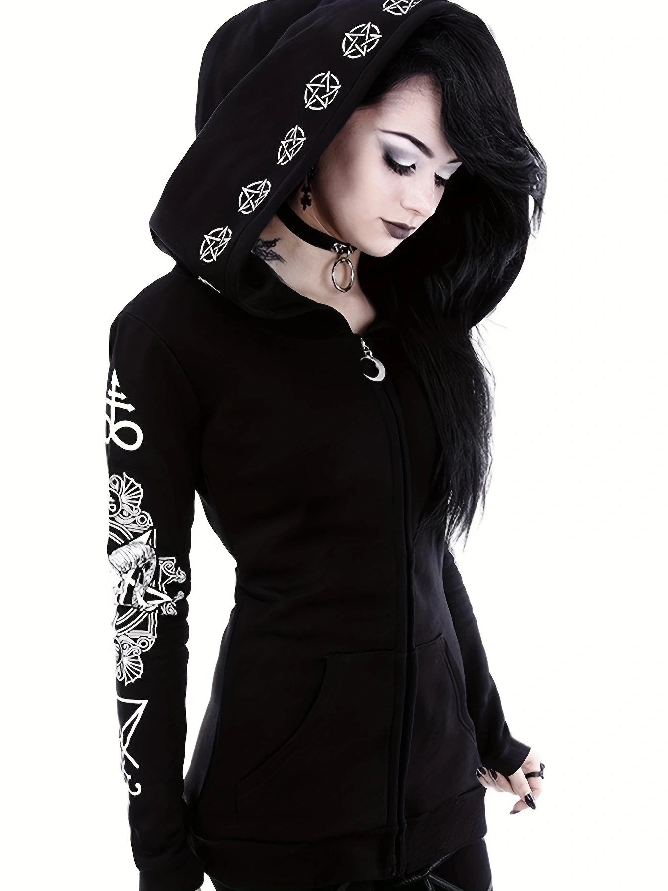 Womens Gothic Hoodie - Sun Moon Print Sweatshirt with Durable Zipper & Hooded Cardigan - Soft Fleece Lining, Punk Goth Style, Pe