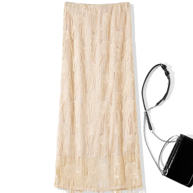 New Elastic Waist Sequined Fringed Skirt Split Long Skirt Autumn Winter Women