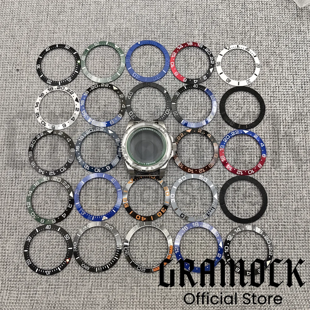 Gramock New 40mm Black/White/Blue/Green Ceramic Bezel Fit 43mm Watch Case NH ETA PT Miyota MZ Diving Men Watch Part Accessories