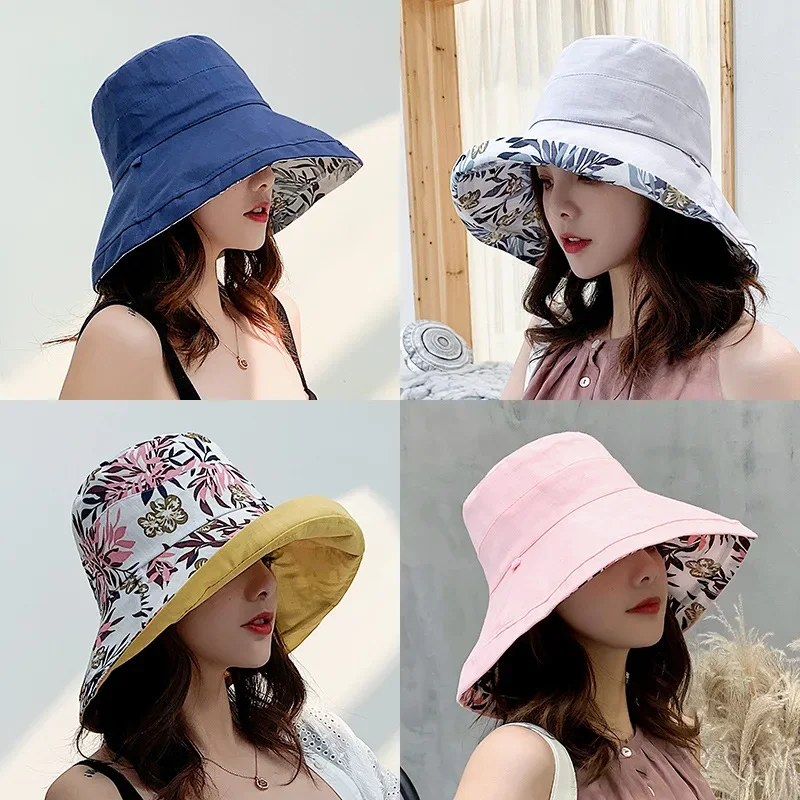 Women's Bucket Hats Panamanian Women Four Seasons Fisherman Caps Big Brim Double-Sided Fisherman Hat Sun Visor Sunhat 여름모자