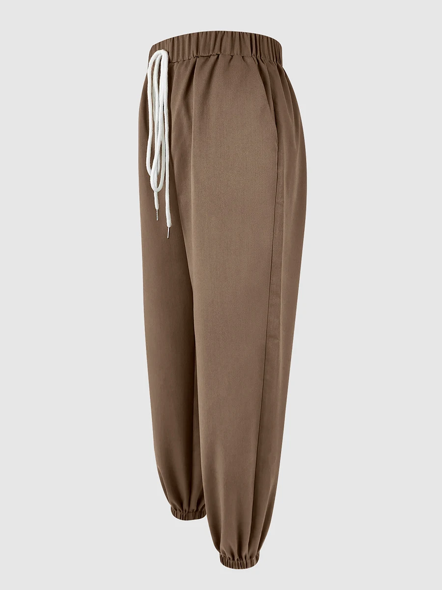 Damen Casual Einfarbige Weite Haremshose Baggy Ballonhose mit Hoher Taille, Kordelzug und Elastischen Knöchelmanschetten, Strand-Jogginghose – Detail 4