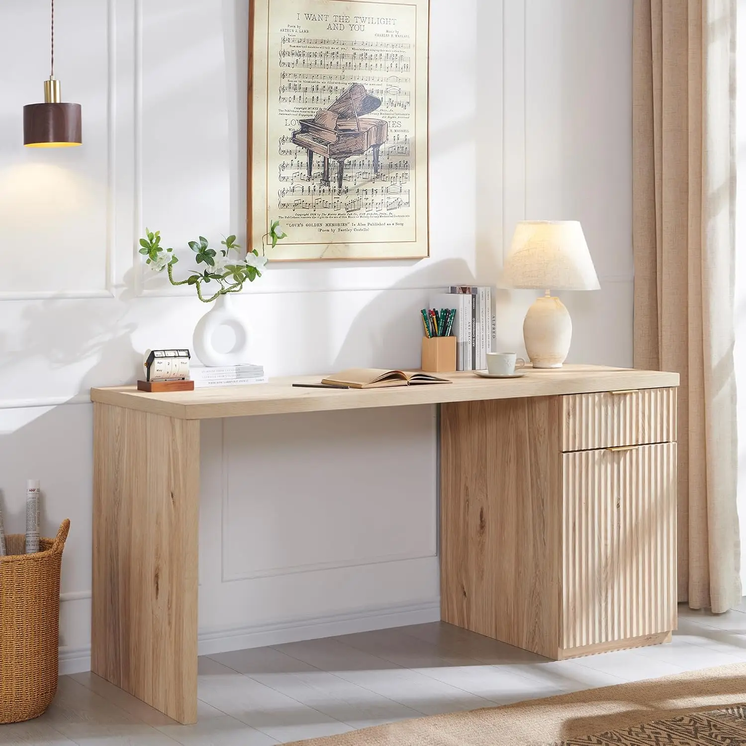 60" Modern Executive Desk with Storage, Wood Home Office Desk with Drawer & Cabinet, Fluted Computer Writing Desk for Study