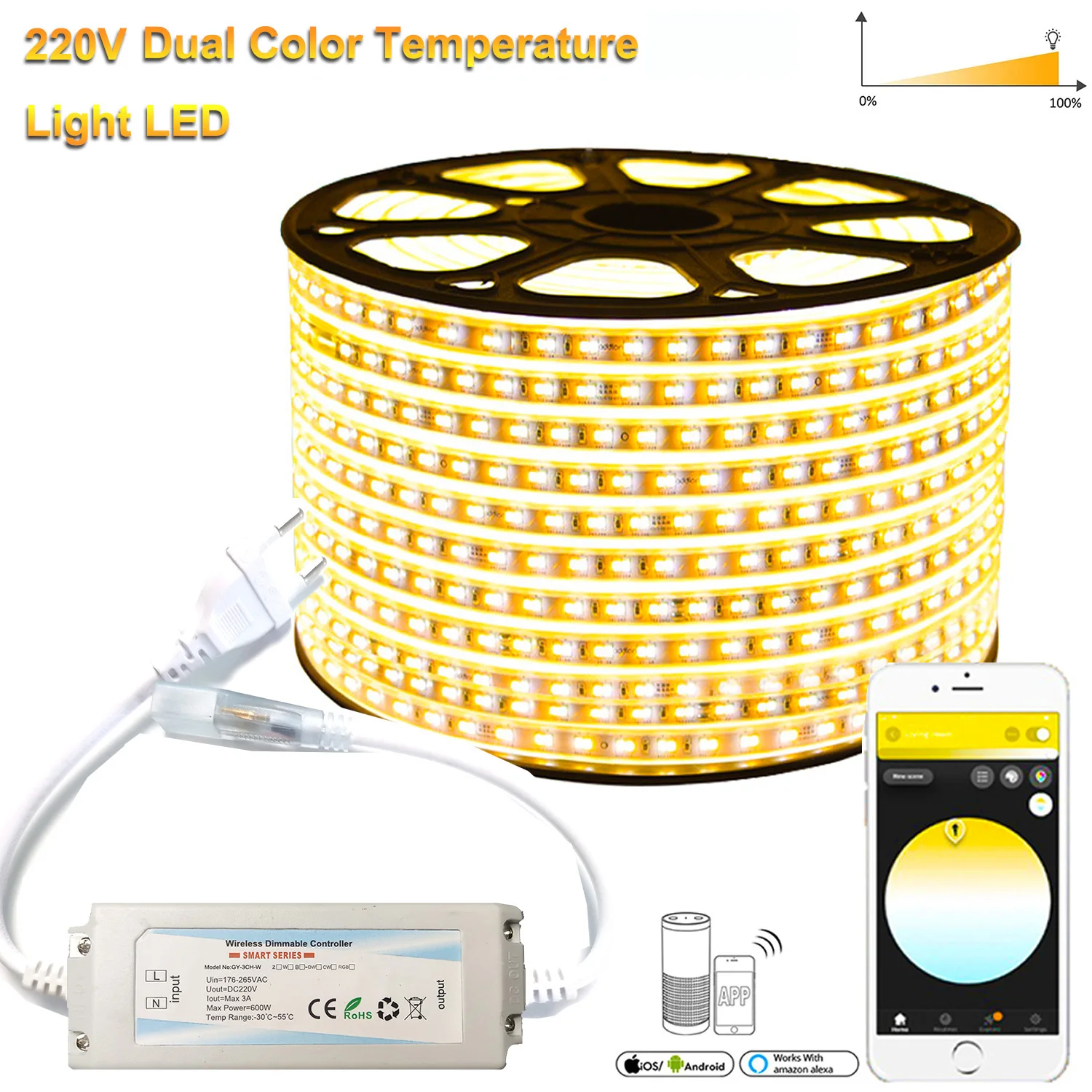 Tira de luces LED con atenuador de voz para el hogar, tira de luces de 220V y 230V con Wifi, compatible con Smart Life, Tuya, SMD5050, RGB, CCT,