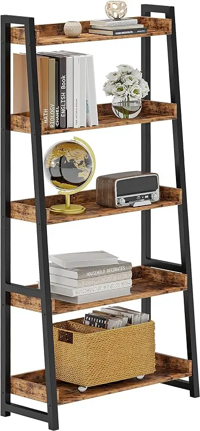 

Industrial Bookshelf 5-Tier 31.5in Wide, Bookcase Ladder Shelf, Storage Shelves Rack Shelf Unit, Accent Furniture Metal F