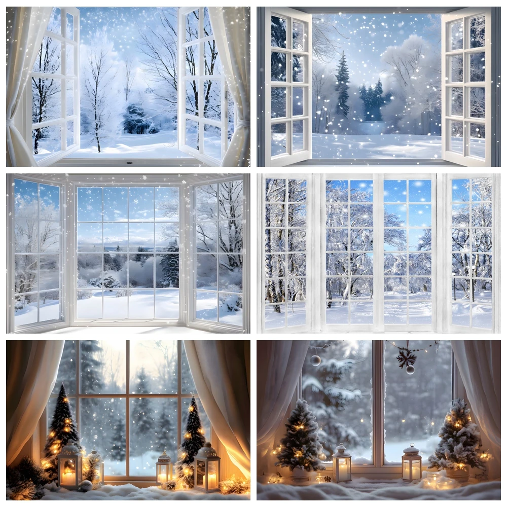 

Winter Forest Window Scene Photography Backdrop Wonderland Snowflake White Snowy Xmas Pine Tree New Year Photo Background Decor