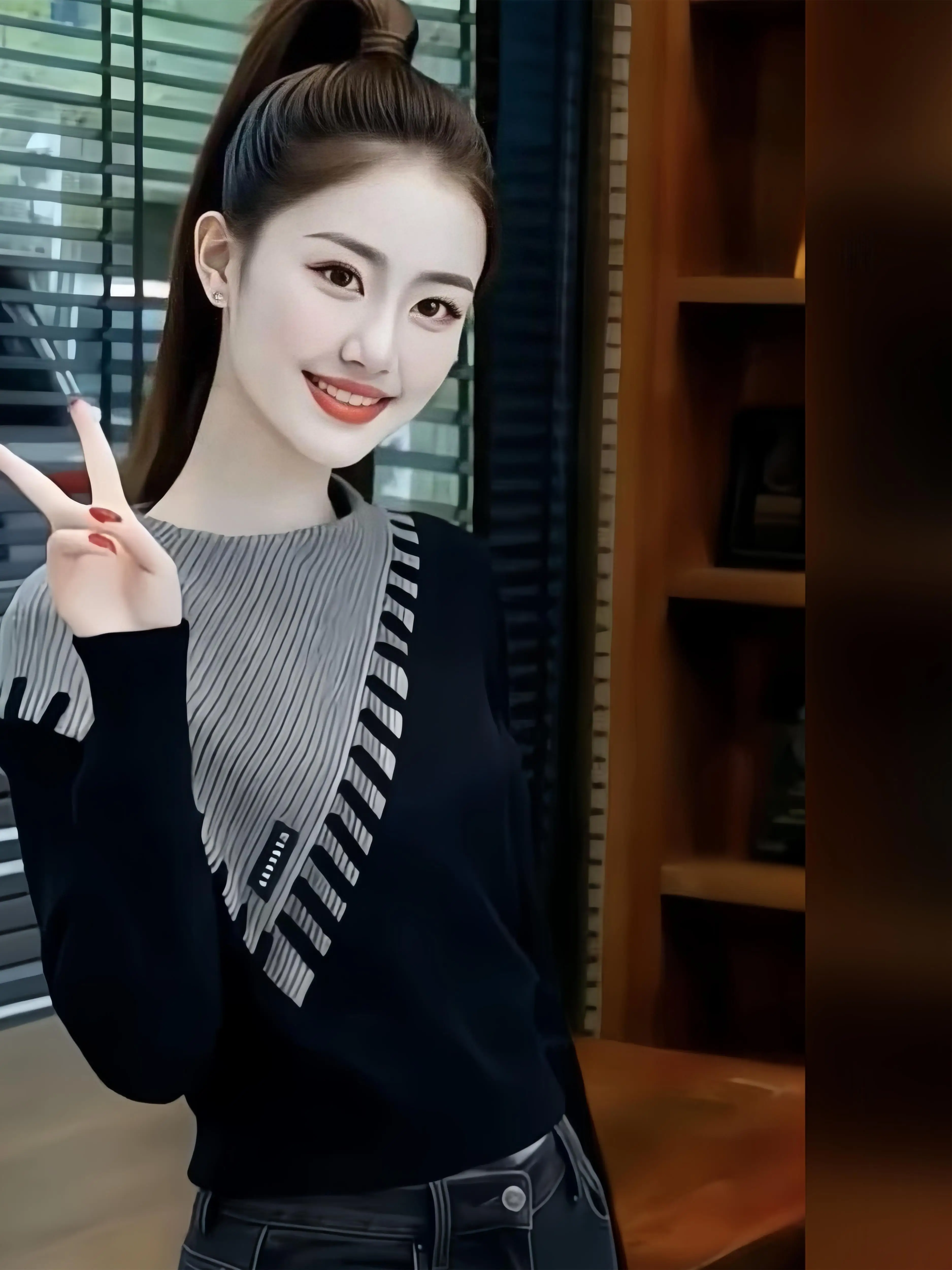 Fashionable Splice Color Block Long Sleeve Knitted Sweater Women's Spring Autumn New Style Casual Comfortable Polyester Fiber