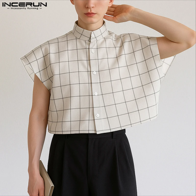 

INCERUN Men Plaid Shirt Stand Collar Short Sleeve Button Casual Men Clothing Summer Streetwear 2025 Loose Fashion Crop Tops Men