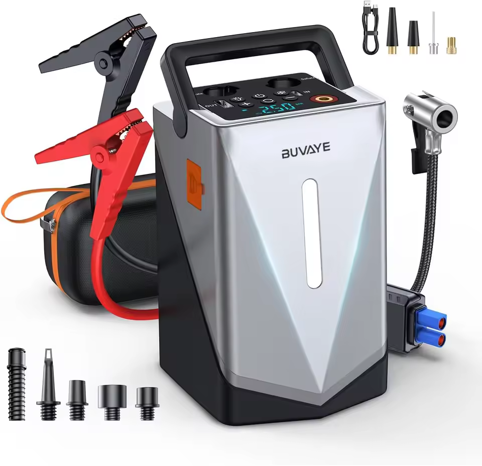 BUVAYE Portable Jump Starter 150PSI Air Compressor With Air Pump 2500A Booster Car Jump Starter Device Power Bank