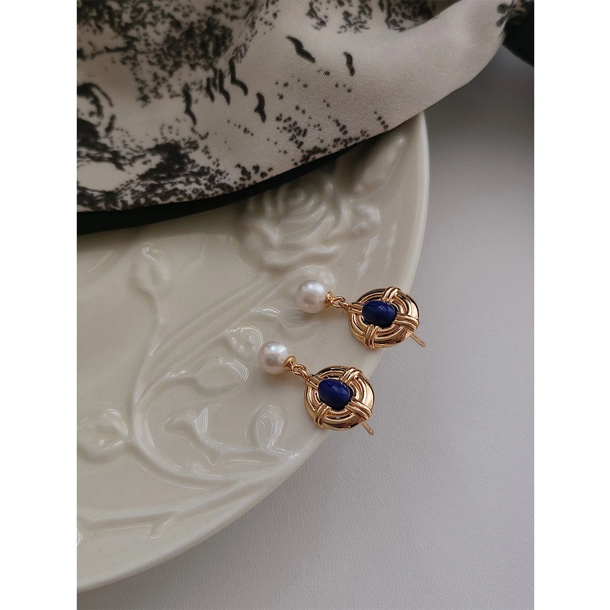 NEW ​ Full Body S925 Pure Silver Plated With 18K Real Gold | Lapis Lazuli | Natural Freshwater Pearl Earrings 100603