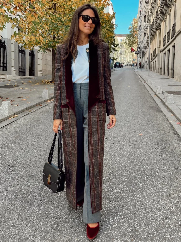 Fashion Colorful Plaid Print Woolen Overcoats For Women Patchwork Turn-down Collar Slim Fits Long Coats 2024 New High Streetwear