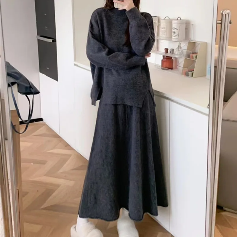 High Quality Lazy Fashion Casual Knitted 2 Piece Set Women Loose Pullover Tops + Long Skirt Sets Ladies Sweater Two Piece Suits