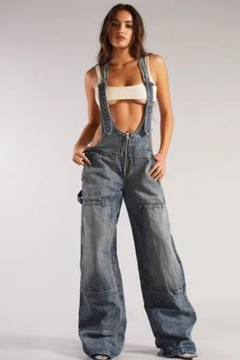 

Street Style Sexy Low Waist Strap Jumpsuit Wide-leg Jeans New Personalized Hot Girl Trousers Fashionable Loose Jeans