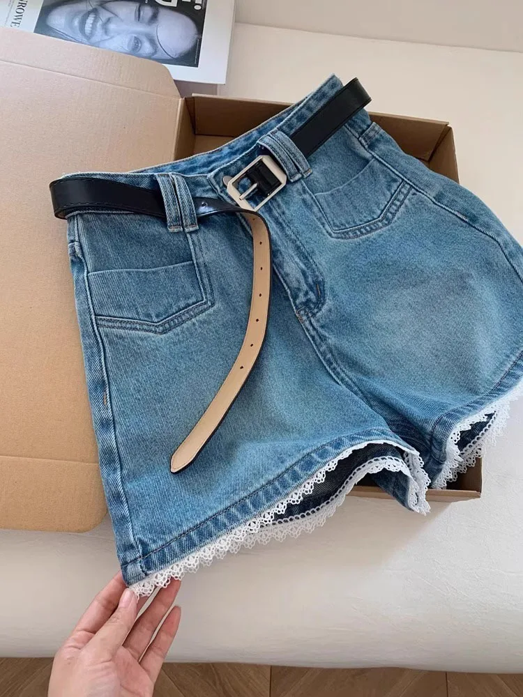 

Кружевные лоскутные джинсовые брюки с высокой талией, женские тонкие широкие шорты трапециевидной формы, летние износостойкие джинсы-стойка