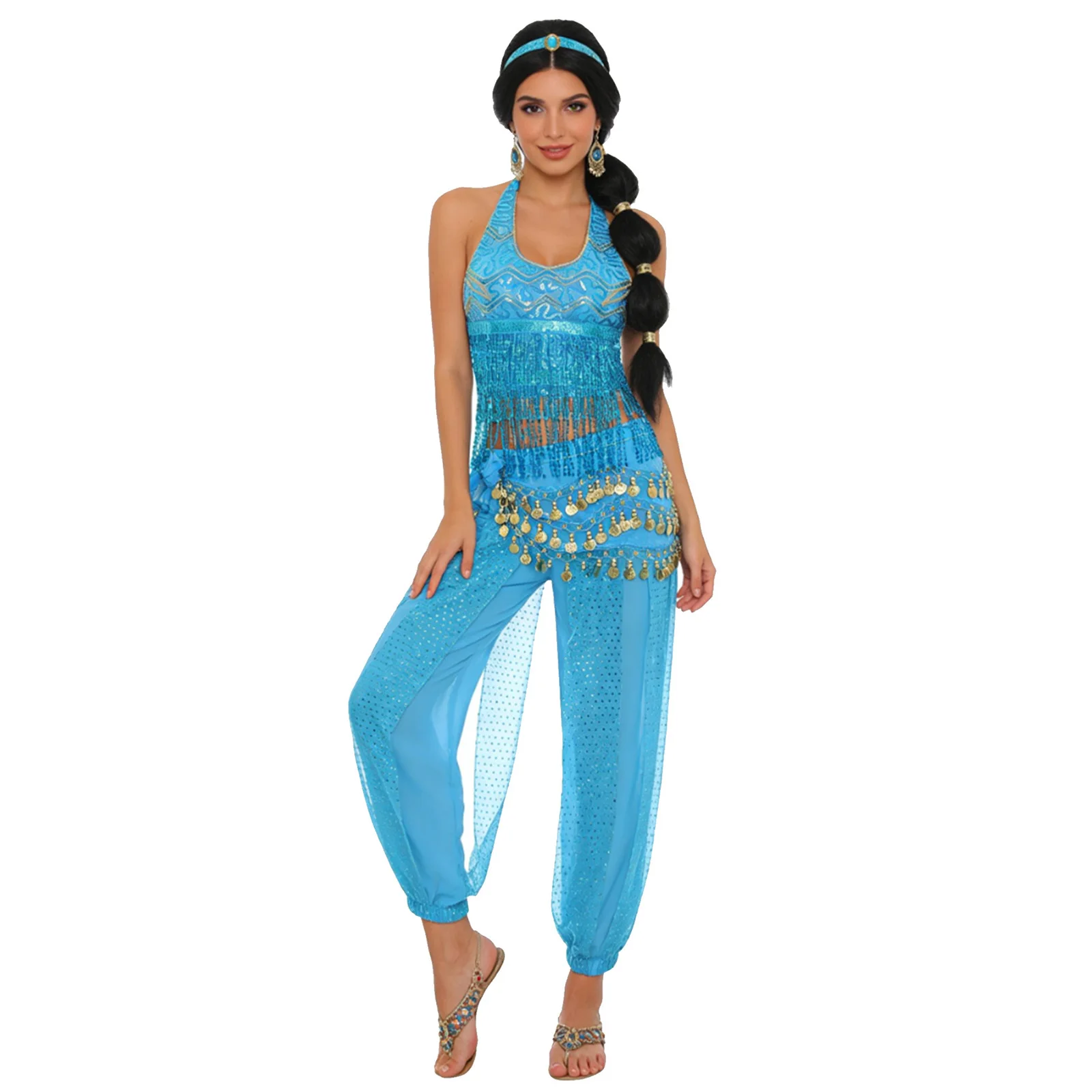

Sparkling Belly Dance Performance Suits Women Halter Top And Bloomers Pants with Hip Scarf Set for Belly Training Dance Costumes