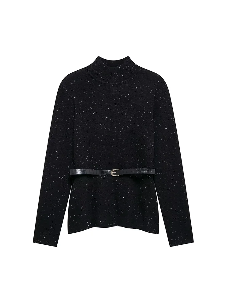 Fall/Winter 2025 New Temperament Women Long Sleeve Knitwear Vintage Ladies Half-Neck Belt Sweater