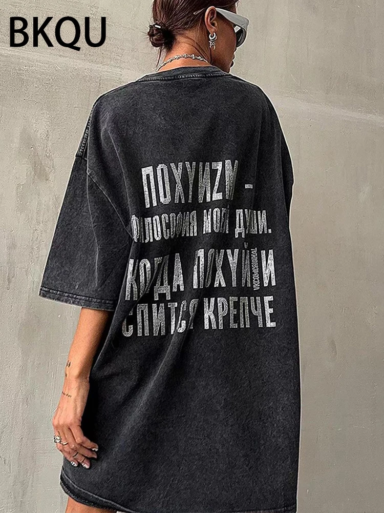 BKQU Rhinestone Letter Shirts Women Short Sleeve Oversized Tshirt 2024 Summer O-neck High Street Hip Hop Tees New Distressed Top