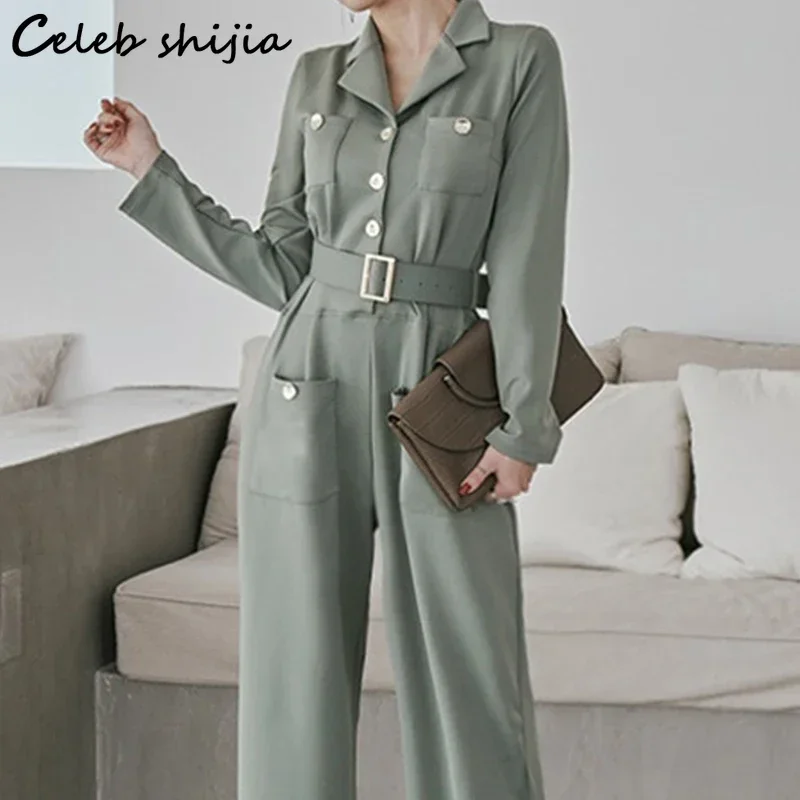 

Green Chic Jumpsiuts Woman with Belt Single-breasted Cargo Bodysuits Long Sleeve Elegance Jump Suits for Women Business Overalls