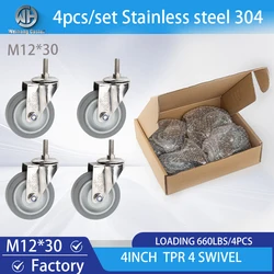 4 Inch  Set of 4  TPR MUTE wheels stainless steel 304 caster wheels , 660 lbs Loads, Heavy Duty M12x30mm Threaded Stem Casters,