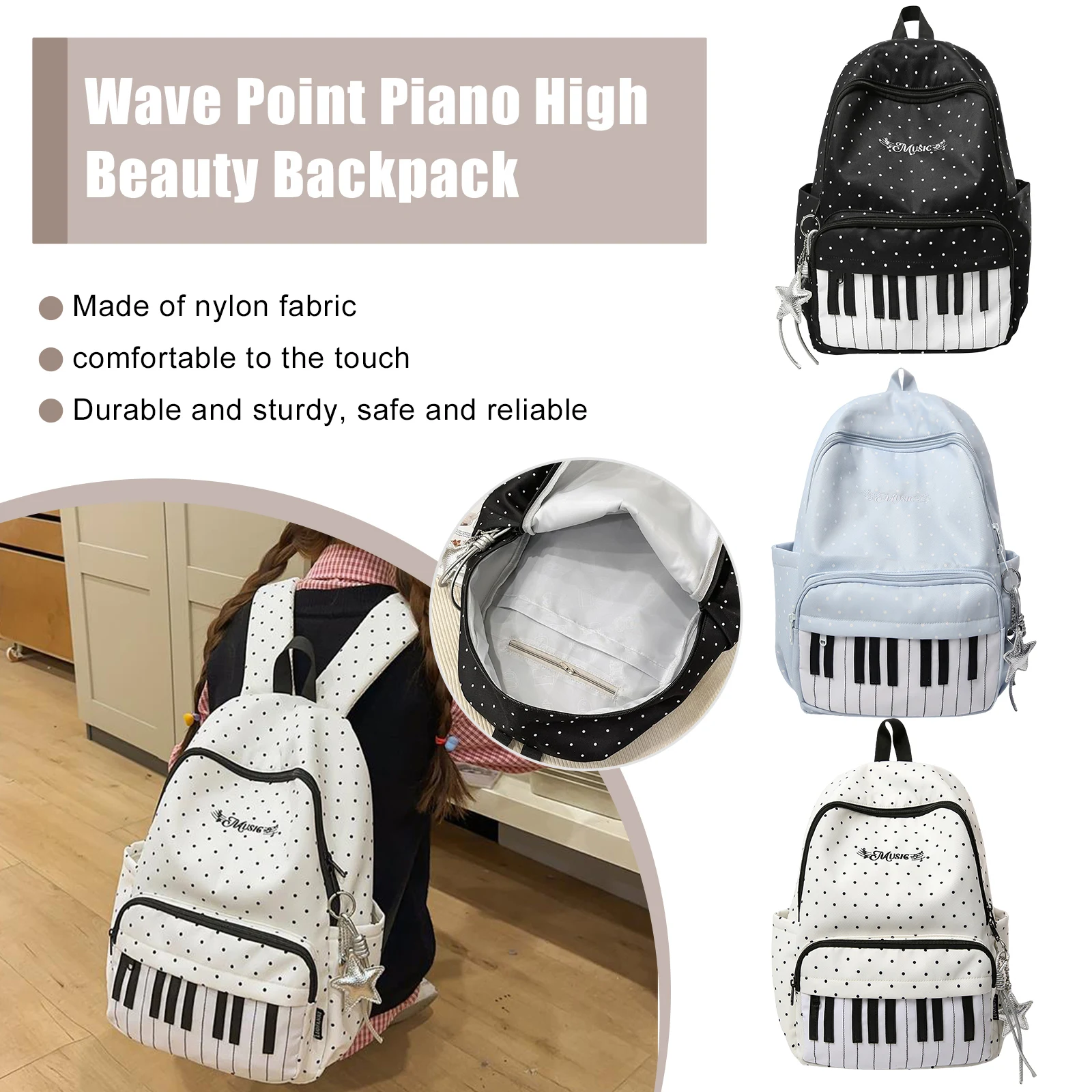 

Nylon Polka Dot Piano Key School Bag 16.9 Inch with Pendant Laptop Bag for Teen Girls Travel Shopping Daily Use