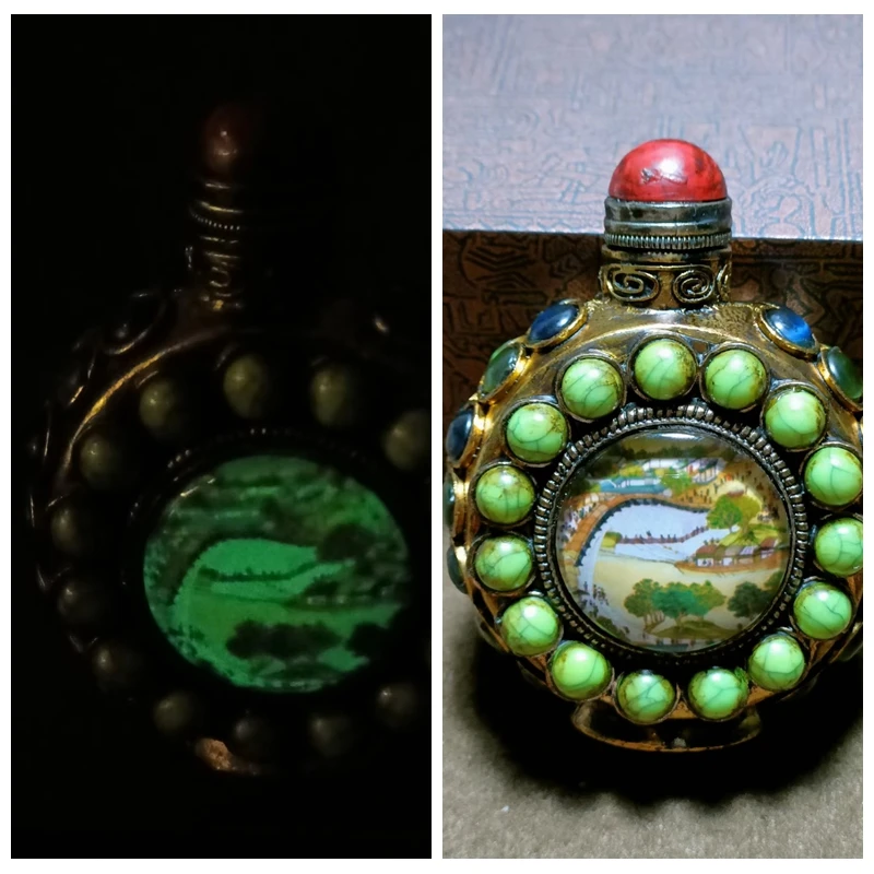 vintage chinese snuff bottle collection Inlaid Landscape Painted Luminous rare fine peking fine gift hobby collect