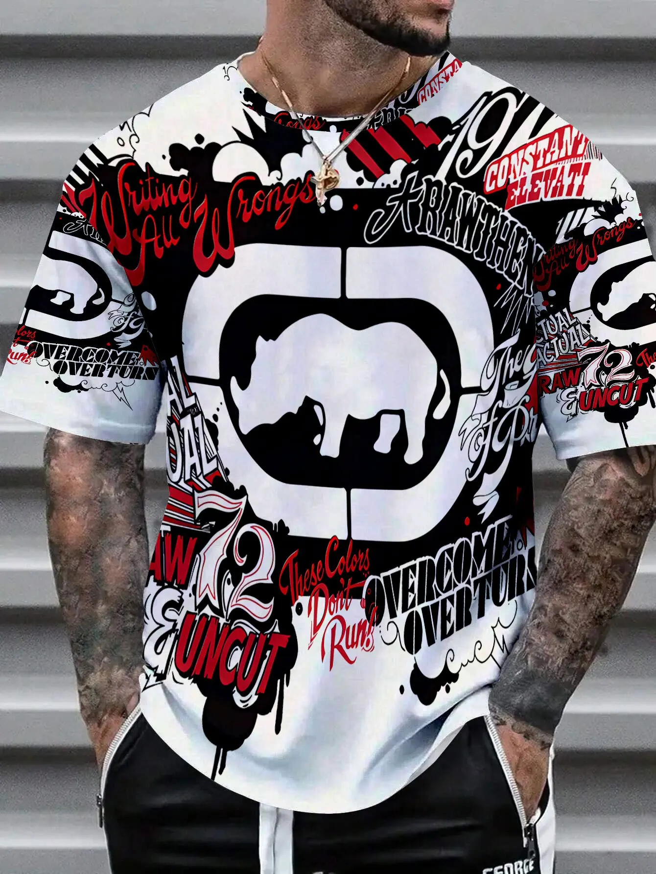 Men's Black White Graffiti Bull Street Print T-Shirt Hip Hop Letter Splash Ink Crew Neck Top