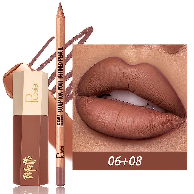 1 conjunto de brilho labial fosco e conjunto de canetas de delineador labial, de longa duração, à prova d'água, não é fácil de borrar, textura de veludo
