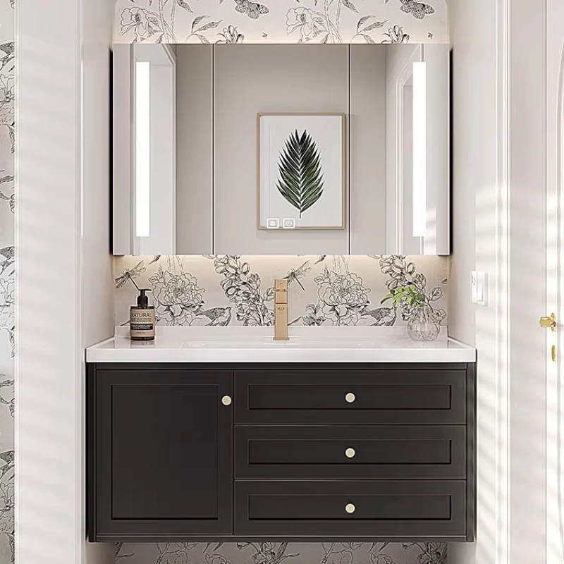 

Тумба-умывальник из дуба в американском стиле с интегрированной керамической раковиной для ванной комнаты