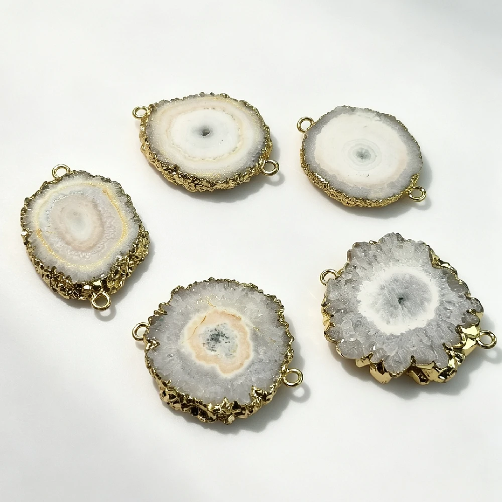 1PC Solar Agate Slice Mineral Connector Double Loops Natural Crystal Link for Handmade Bracelet Craft Golden Plated P2D1092